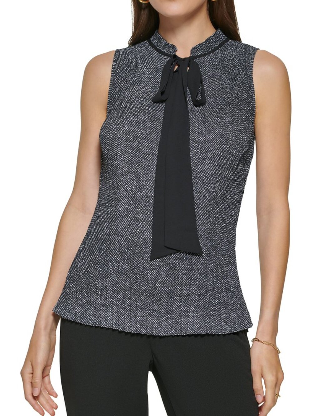 DKNY Petite Printed Pleated Tie-Neck Blouse
